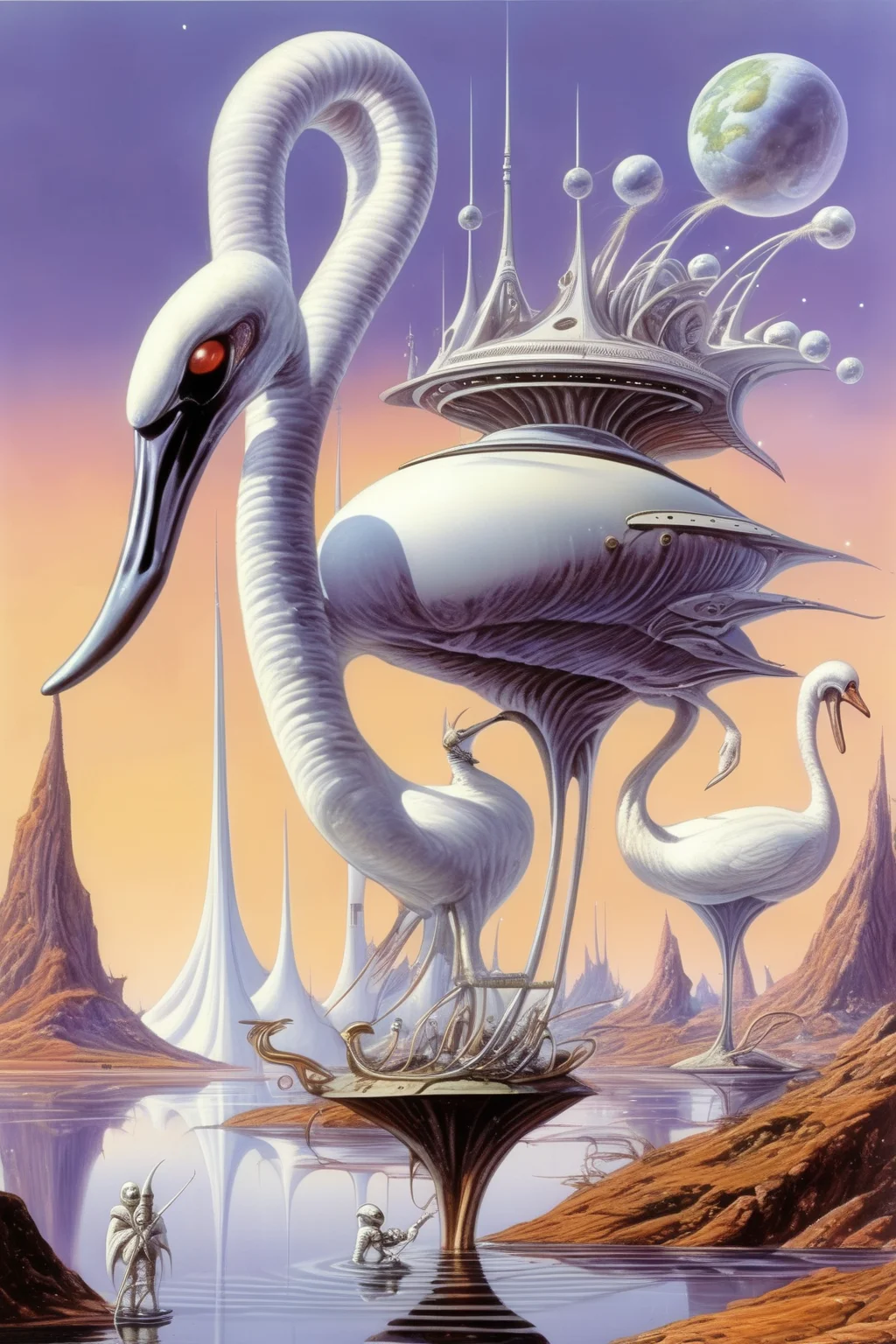 <lora:Rodney Matthews Style:1>Rodney Matthews Style - an alien swan-like race welcomes earth astronauts on their planet