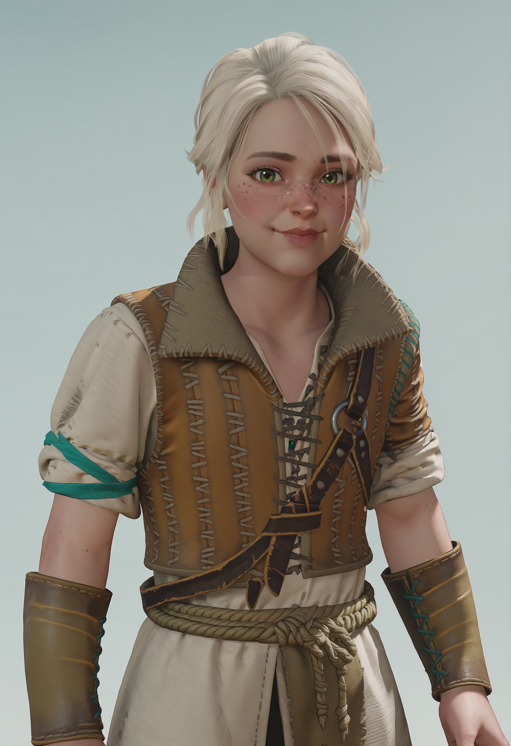 score_9, score_8_up, score_7_up, score_6_up, score_5_up, score_4_up, 1girl, <lora:YoungCiriW3:0.85> solo, green eyes, white hair, freckles, lips, vest, short sleeves, pants, bracers, smile, blush, looking at viewer,
light blue background, simple background, 3d, render,
