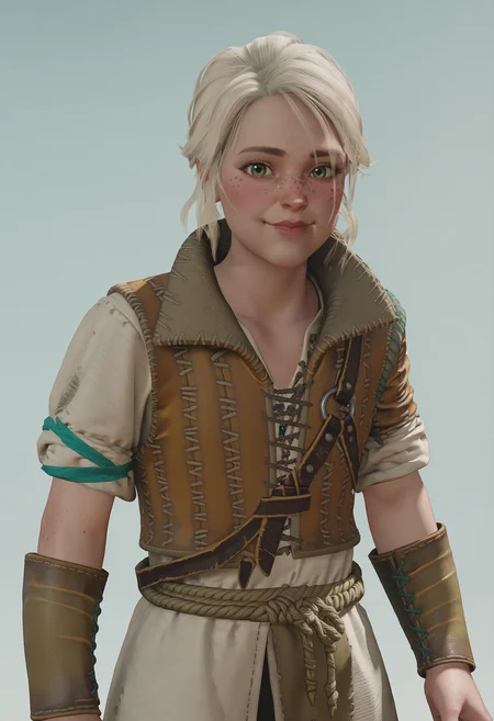 score_9, score_8_up, score_7_up, score_6_up, score_5_up, score_4_up, 1girl, <lora:YoungCiriW3:0.85> solo, green eyes, white hair, freckles, lips, vest, short sleeves, pants, bracers, smile, blush, looking at viewer,
light blue background, simple background, 3d, render,