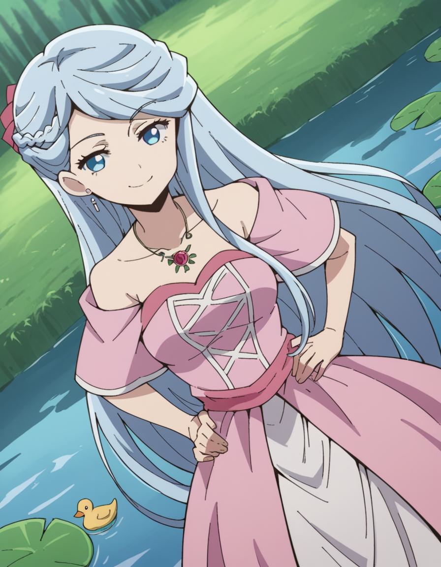 score_9, score_8_up, score_7_up, source_anime, <lora:rayneshia-el-arte-corwen-s2s3-ponyxl-lora-nochekaiser:1>, rayneshia el-arte corwen, long hair, blue eyes, very long hair, blue hair, braid, medium breasts,, dress, jewelry, collarbone, earrings, necklace, pink dress,, pond, still water, plants, ducks, peaceful, smile, smug, hands on own hip,, looking at viewer, solo,, dutch angle, cowboy shot