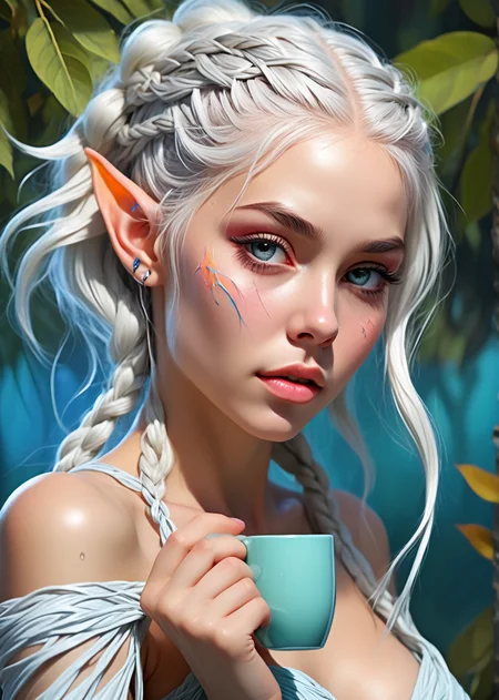 frontal side from above, anime comic style render, euphoric(((woman:1.21): elven, pointed ears, white intricate braided hair, style connecting with nature,):1.21) in posing dynamic position, smooth skin, (prominent coffee mug:1.12),
Flirtatious grin, Teasingly close, Lip gloss,
(pui:0.01) steaming mug of coffee, oversized and centered, hand grasping handle, detailed fingers wrapped,
lip biting expression, anime art style, steam rising, big sculpted 3d sculpture mug, napkin, wacky colors,(trending:1.22) (masterpiece:1.32), (high image quality:1.08), (RAW:1.11),subsurface tering,(high resolution photograph:1.28),high definition,masterpiece, absurdres, <lora:LCMTurboMix_Euler_A_fix.safetensors:0.96:0.3> <lora:sdxl\Hyper_Realism_Pony_XL.safetensors:0.85:0.18> <lora:sdxl\add-detail-xl.safetensors:0.87:0.10 p15,s20
