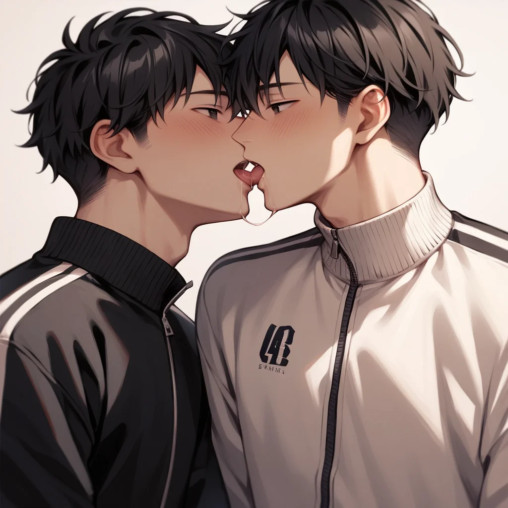 score_9,score_8_up,score_7_up,detailed face,<lora:hanman-000004:1>,2boys,black hair,bangs,track jacket,black jacket,black eyes,blush,kiss,saliva,black jacket,best quality,