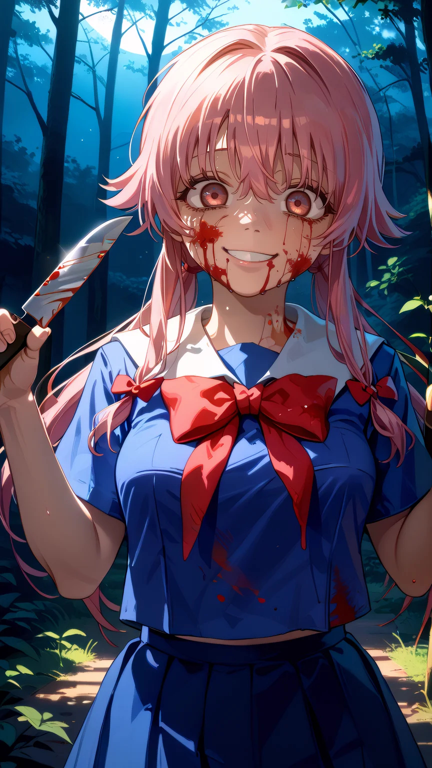 score_9, score_8_up, score_7_up, score_6_up BREAK 1girl, looking at viewer, cowboy shot, mature female, upper body, close-up, face,
<lora:Yuno_Gasai_Pony_Dwnsty:1>, yuno_gasai, pink eyes, pink hair, long hair, low twintails, sidelocks, red hair bow, yandere, school uniform, blue shirt, serafuku, red bowtie,
medium breasts, light smile, crazy eyes, blood on face, blood on clothes, kitchen knife, hands up, glowing weapon,
backlighting, horror \(theme\), outdoors, forest, nature, (night), dark theme,
