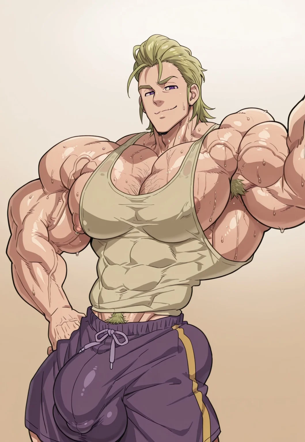 masterpiece, high quality, film grain, high resolution, newest, depth of field, bara, yaoi, very aesthetic, absurdres, newest, solo, male focus, 1boy, h0wzer, blonde hair, slicked back hair, mullet hair, side bangs, purple eyes,, beige tank top, purple srtiped shorts, nipple slip, hyper muscles, veiny muscles, broad shoulders, huge pecs, puffy nipples, hyper pectorals, small waist, extreme muscles, hairy, chest hair, navel hair, thick pubes, sweaty, sweat, smug, looking at viewer,, selfie, huge bulge, gradient background, abstract background, dutch angle