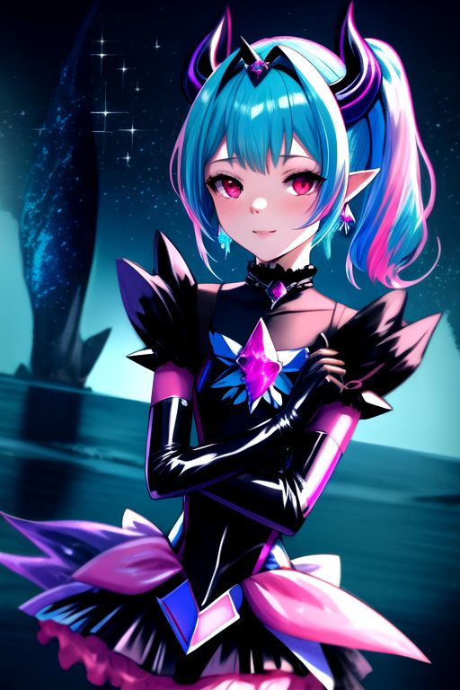 DarkPrecure, Bad_End_Precure, Corrupt_Girl, professional image of a cute young woman, (frilly elegant glossy dark holographic dress, crescent brooch, crescent earrings, crescent accessories:1.2),
(blue water dragon horns, blue water dragon tail:1.3), (short hair, side ponytail, hair above cheeks, light blue hair with light pink hairtips, gradient hair, multicolored hair:1.4), red eyes, (small breasts, cute face, pointy ears, evil laugh, evil eyes, corrupted:1.1), (sparkles, sparkling clothes, sparkles near eyes:1.2),
(intricate aquatic background, underwater, sparkling water, ocean floor, corral reef, bubbles:1.2), 
(ultra wide angle shot, cinematic style, absurdres, incredibly absurdres, huge filesize, extremely detailed, High quality texture, physically-based rendering, Ray tracing, octane render, sharp focus, (8k), (4k), (Masterpiece), (Best Quality), extremely detailed, intricate, hyper detailed, illustration, soft lighting, high resolution, sharp detail)