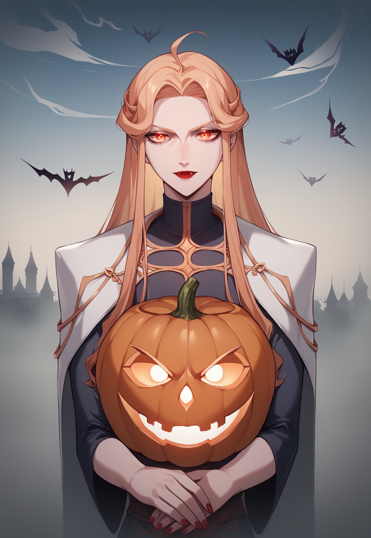 source_anime, R3TR0SC1F1, ((score_9)),score_8_up,score_7_up,score_6_up,score_5_up,score_4_up,<lora:Castlevania_Style_Pony-v1:0.7>, Castlevania_Style, Castlevania Style, 1woman, vampire, halloween, pumpkins, fog, eerie, outdoors, smoke, clouds, 