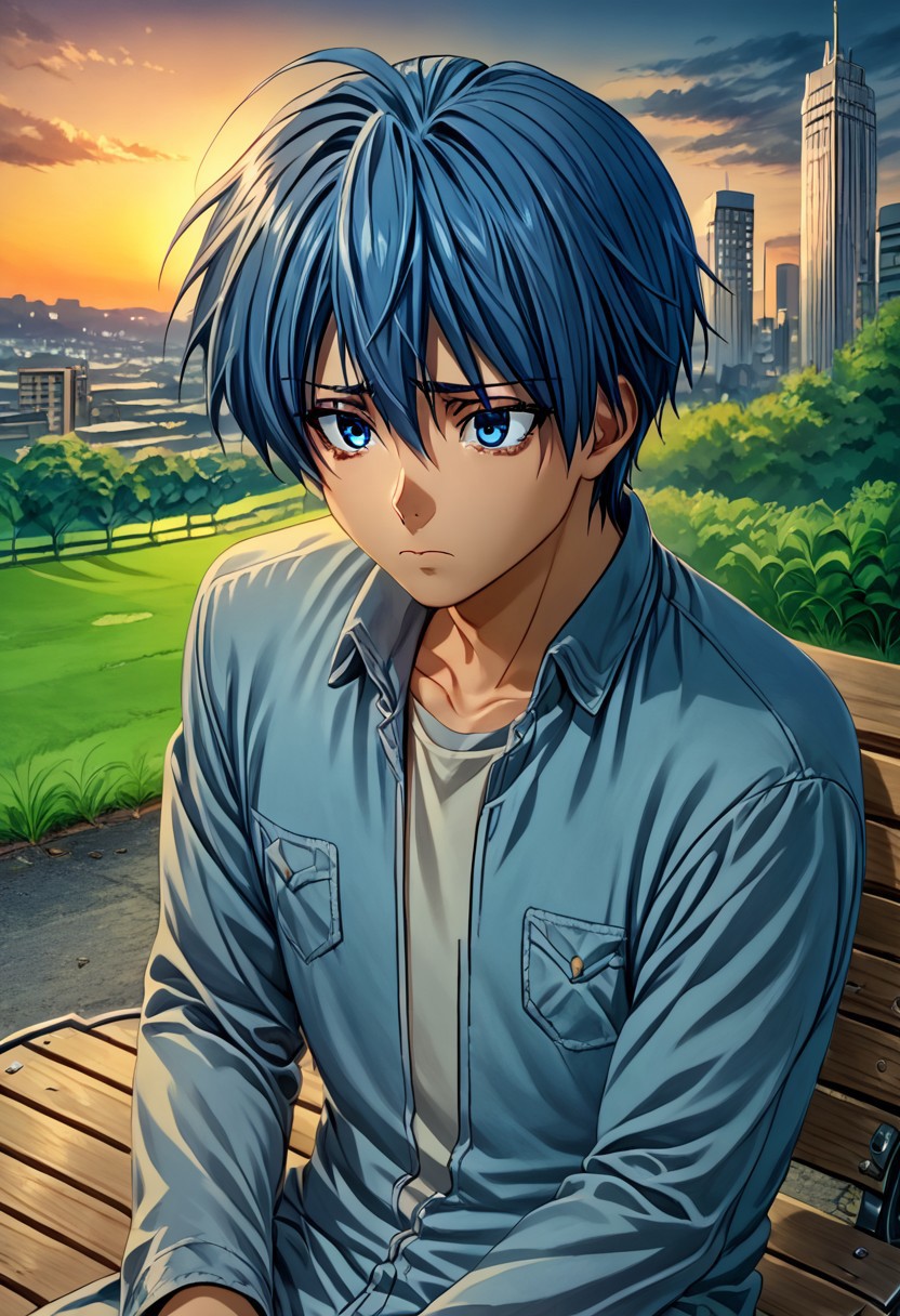 high resolution, solo, best quality, 1Boy, Tomoya Okazaki, Grey Blue Hair, blue eyes, Sad, Sit, hills, city, park bench, sunset, dramatic, clannad,
