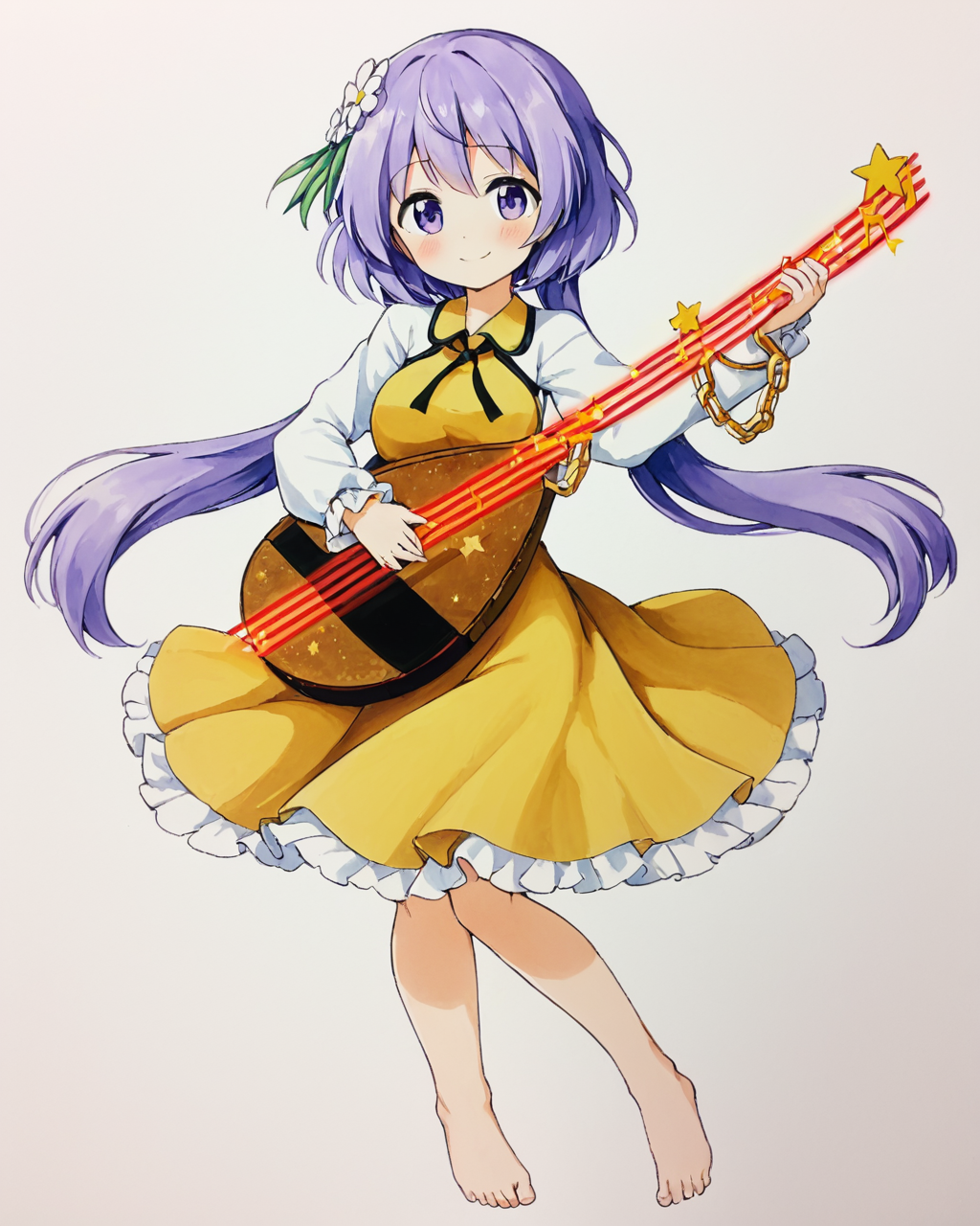 tsukumo benben,1girl, lute_\(instrument\), hair_flower, solo, biwa_lute, long_sleeves, barefoot, smile, white_background, traditional_media, twintails, frilled_dress, simple_background, brown_dress, playing_instrument, closed_mouth, holding_instrument, chain, blush, musical_note, breasts, full_body, looking_at_viewer
<lora:tsukumo_benben_image916_2023-12-20-000015:1>,star-shaped_pupils,symbol-shaped_pupils,. gorgeous,key visual, vibrant, studio anime,award-winning, professional, highly detailed,high budget, cinemascope