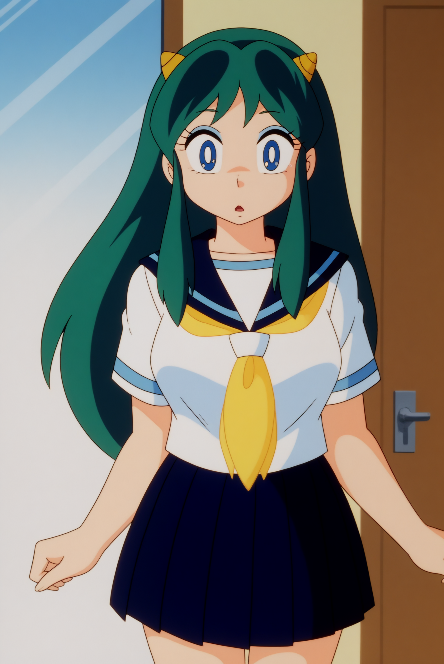 Lum, summer school uniform <lora:Commission-Urusei_Yatsura_80s-Lum-PDXL:0.8>