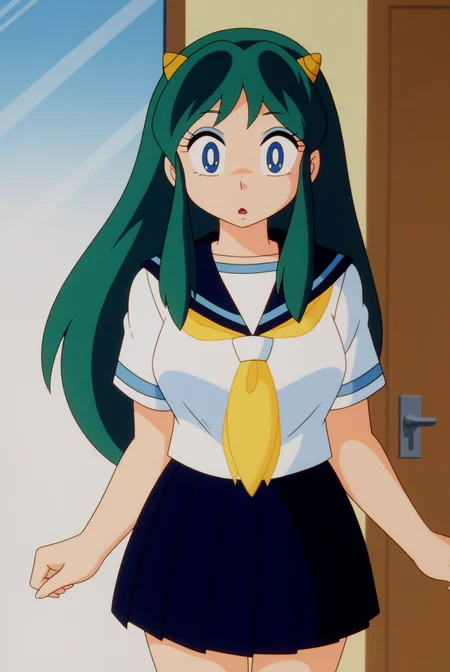 Lum, summer school uniform <lora:Commission-Urusei_Yatsura_80s-Lum-PDXL:0.8>