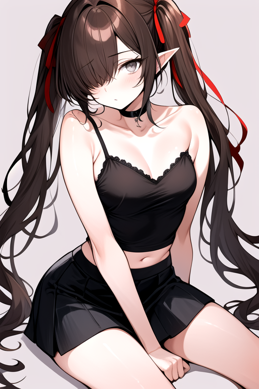 masterpiece, best quality,  <lora:Kra_SD:0.8> k'ra, grey eyes, brown hair, twintails, red ribbons, black camisole, short black skirt