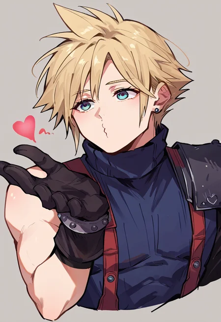 score_9, score_8_up, score_7_up, source_anime, 1boy, IncrsBlowingKiss, heart, blowing kiss, <lora:FrierenBlowingKissMeme_XLPD:1>, <lora:cloudstrife-pdxl-nvwls-v1:1>, defCloud, blonde hair, single earring, suspenders, shoulder armor, sleeveless turtleneck, belt, baggy pants, blue pants, gloves, upper body, male focus,