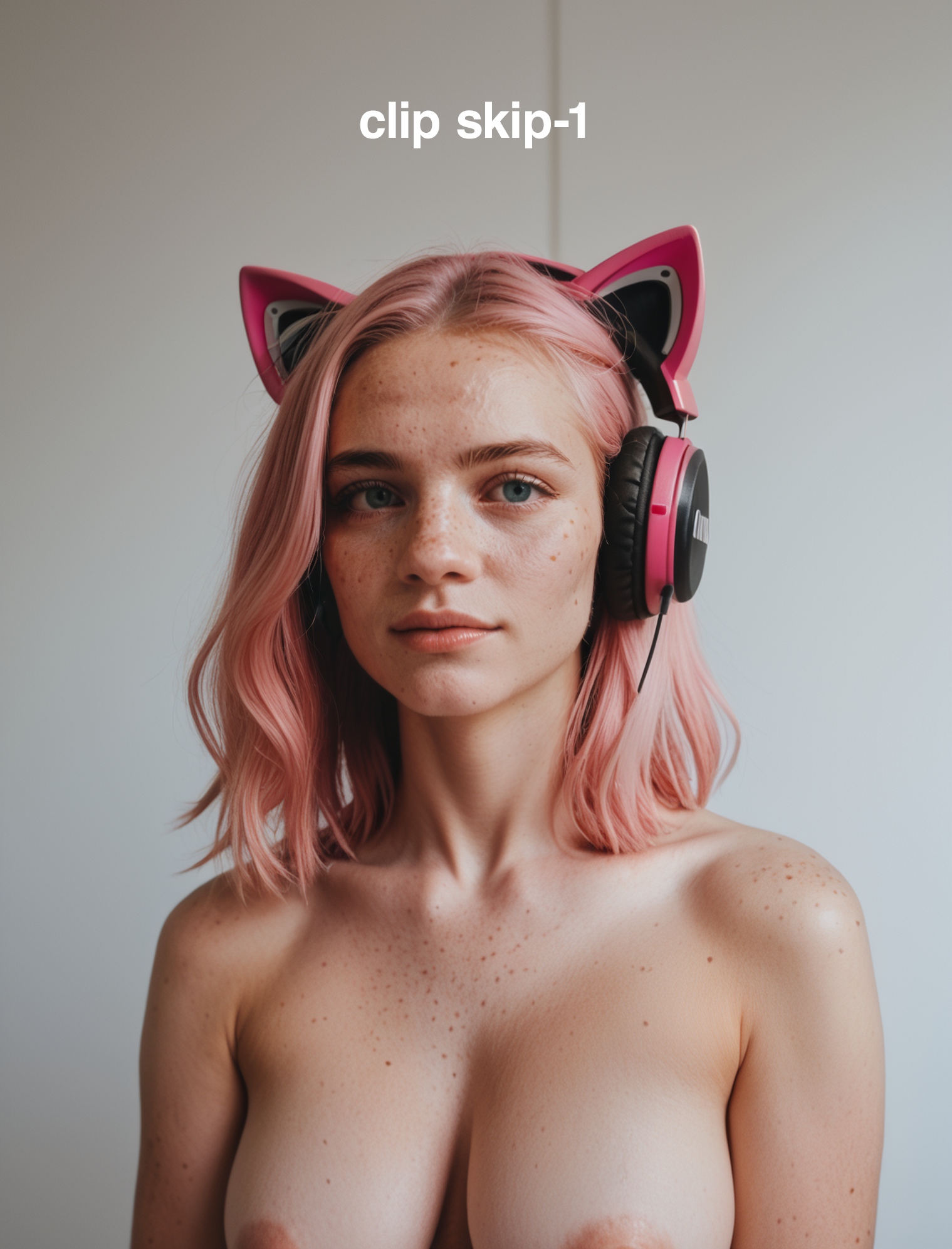 score_9,score_8_up, score_7_up, photograph of a cute gamer girl, pale skin, pink hair, medium hair, freckles, headphones, cat ears, large saggy breasts, 28 years old,