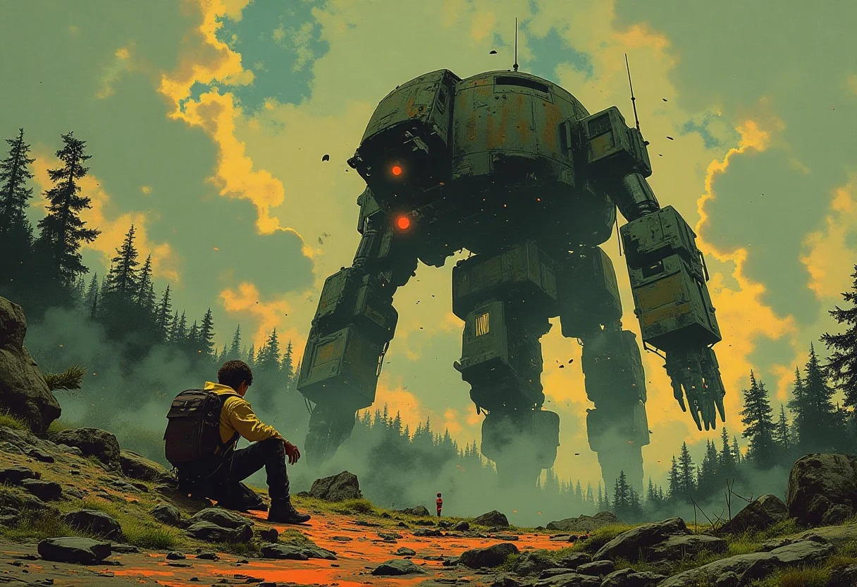 A massive broken down mechanical robot lies across the landscape, its painted bronze limbs moss covered, a man sits beside it, dwarfed by its size, an abandoned city in the distance, moody sky, intricate details, forest, matte painting in the style Luis Duarte, Boris Valejo, 70s sci-fi, whimsical,