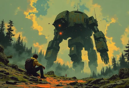 A massive broken down mechanical robot lies across the landscape, its painted bronze limbs moss covered, a man sits beside it, dwarfed by its size, an abandoned city in the distance, moody sky, intricate details, forest, matte painting in the style Luis Duarte, Boris Valejo, 70s sci-fi, whimsical,