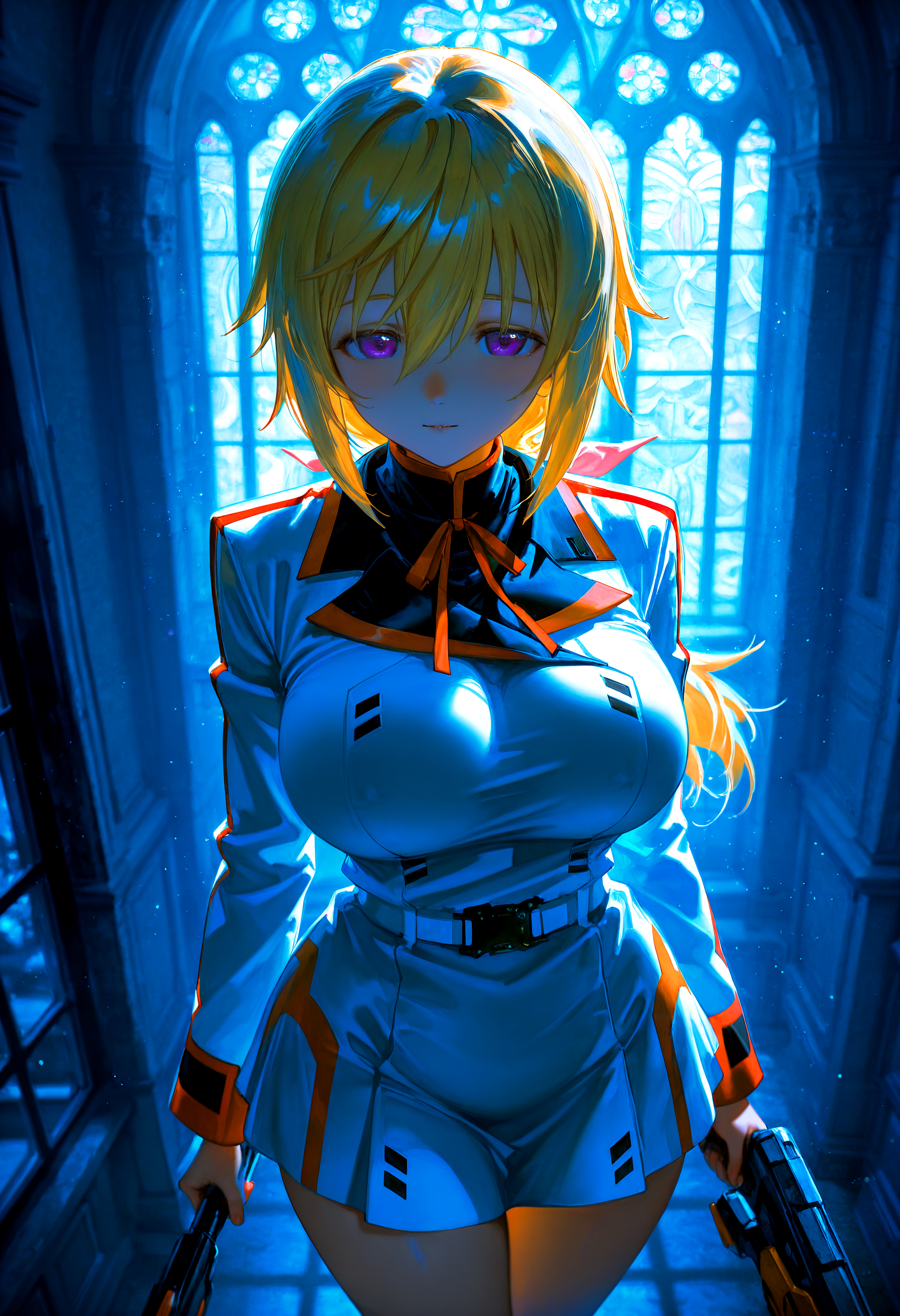 HDR, 8K, high contrast, masterpiece, best quality, amazing quality, very aesthetic, superabsurd res, high resolution, ultra-detailed, absurdres, newest, scenery, (horikoshi kouhei:0.3), (quasarcake:0.3), (wlop:0.3), light rays, chiaroscuro, dynamic angle, from above, close up, InfiniteStratos_CharlotteDunois, 1girl, charlotte dunois, purple eyes, low ponytail, hair between eyes, long hair, blonde hair, huge breasts, wide hips, (thick thighs:1.15), hair bow, uniform, pilot suit, white shirt, long sleeves, turtleneck, neck ribbon, white skirt, short skirt, holding weapon, seductive pose, bedroom eyes, half closed eyes, beckoning, looking at viewer, window, godrays, church, chapel, stardust, fog, backlighting, partially illuminated, Intricately designed, Mysterious Shadows, BREAK, photorealistic, beautiful detailed eyes, detailed skin, detailed hair, volumetric lighting, dappled light, light particles, dramatic shadows, cinematic lighting, photo background, depth of field, <lora:ponyxl\cfg_scale_boost:0.7> <lora:IL\KMS_Infinite_Stratos_Charlotte_Dunois_IL-000003:1>