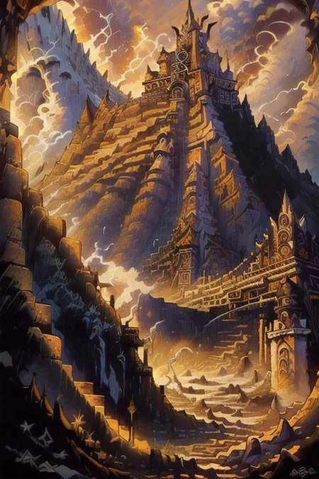((Masterpiece)), realistic digital painting of the aztec pyramids, throne room, greedy official art, trending on artstation, perfect composition, rule of thirds, golden ratio, cinematic lighting, crepuscular rays, dark style Aztec castle with spanish soldiers walking in, Aztec, jungle<lora:fantasyv1.1:1>,