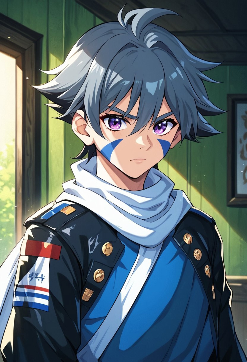 xtreme score_9, score_8_up, score_7_up, score_6_up, score_5_up, score_4_up (high detailed skin:1.2), 8k, soft lighting, high quality, Score_9, score_8_up, masterpiece, 8K, best quality, high quality  , boy animated character with spiky gray hair and purple eyes stands in a brightly colored hallway. He wears a black outfit accented with yellow and red details, and a white scarf draped around his neck. His face features blue tribal-like markings under his eyes, and he has a serious expression. The background shows a green wall and blurred signs, suggesting a school or arena setting