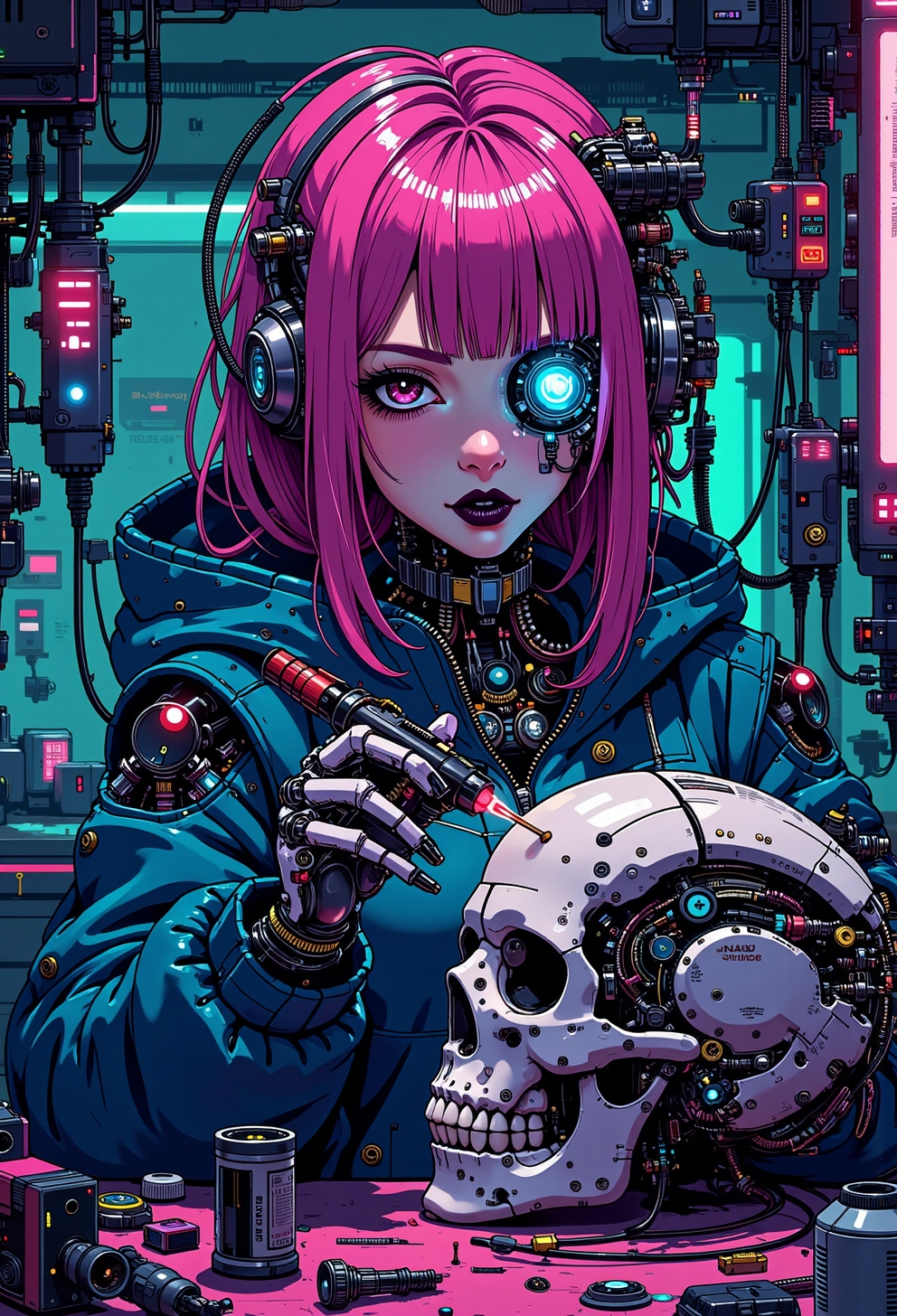 <lora:ck-nc-pastel-cyberpunk:1>, A digital artwork in the style of cknc, A half-body shot of a beautiful cyborg girl in her futuristic workshop. She has neon pink hair cascading down her shoulders, contrasting sharply with her black lipstick. The top of her face, from under the nose to the forehead, is removed like a mask, revealing a detailed mechanical skull underneath. With intense focus, she uses a glowing soldering iron to carefully repair the cracks on a detached skull, which rests in her other hand. Her exposed robotic eye glows a brilliant blue, illuminating the intricate cybernetic components beneath the skull. The workshop is cluttered with futuristic tools, wires, and neon-lit gadgets, all bathed in vibrant cyberpunk hue, electric pinks, deep blues, and fluorescent greens. The neon light reflects off her sleek metallic parts, casting dynamic shadows, while the scene radiates a blend of gritty industrial and high-tech futurism. The art style is highly detailed, in the vein of futurist anime, capturing the beauty of the cyborg girl and the mechanical complexity of her exposed skull.