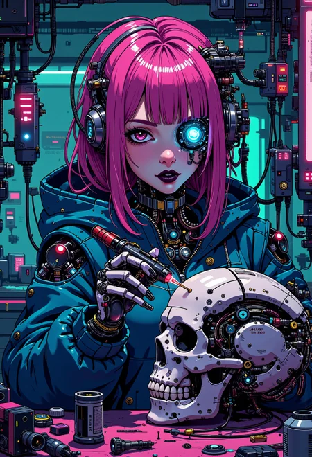 <lora:ck-nc-pastel-cyberpunk:1>, A digital artwork in the style of cknc, A half-body shot of a beautiful cyborg girl in her futuristic workshop. She has neon pink hair cascading down her shoulders, contrasting sharply with her black lipstick. The top of her face, from under the nose to the forehead, is removed like a mask, revealing a detailed mechanical skull underneath. With intense focus, she uses a glowing soldering iron to carefully repair the cracks on a detached skull, which rests in her other hand. Her exposed robotic eye glows a brilliant blue, illuminating the intricate cybernetic components beneath the skull. The workshop is cluttered with futuristic tools, wires, and neon-lit gadgets, all bathed in vibrant cyberpunk hue, electric pinks, deep blues, and fluorescent greens. The neon light reflects off her sleek metallic parts, casting dynamic shadows, while the scene radiates a blend of gritty industrial and high-tech futurism. The art style is highly detailed, in the vein of futurist anime, capturing the beauty of the cyborg girl and the mechanical complexity of her exposed skull.