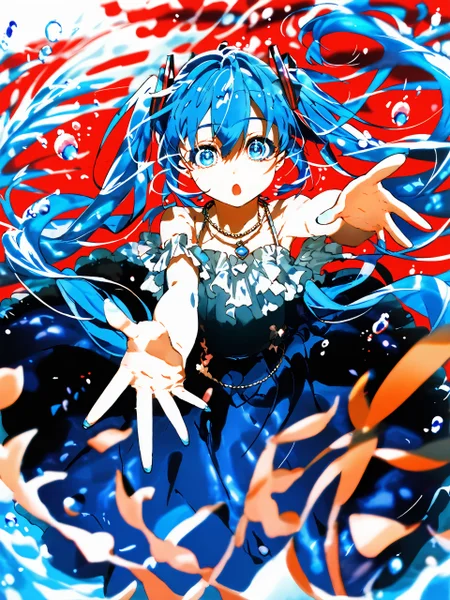 score_9,score_8_up,score_7_up,score_6_up,source_anime, <lora:MeMaXL_V3:0.8>, <lora:MikaPikaZoXL_Js2_lokr_V42310:0.8>, by toosakaasagi, ringed eyes, <lora:Toosaka-Asagi-Style-PonyXL-000036:1>,
hatsune miku,dress,jewelry,long hair,bubble,necklace,white dress,twintails,underwater,reaching,blue eyes,1girl,air bubble,solo focus,blue hair,collarbone,hair between eyes,bare shoulders,frills,blurry,blue theme,frilled dress,floating hair,reaching towards viewer,blurry foreground,off-shoulder dress,very long hair,depth of field,pendant,blue nails,bow,hair bow,outstretched hand,submerged,off shoulder,