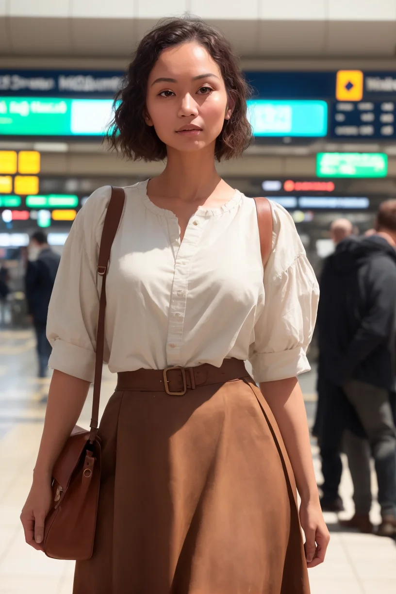 half body photo, Caucasian woman at train station, makeup, Kodak Ultra Max, 85mm,  withe shirt, brown skirt, high quality, photorealistic, raw, 4k, hdr, high contrast, insanely detailed, highest quality, pore skin, ultra detailed skin, highres, intricate details, RAW photo, 8k uhd, dslr,  hdr, film grain, rim lighting, two tone lighting, low key  <lora:epiNoiseoffset_v2:0.6>