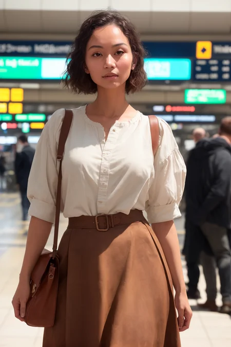 half body photo, Caucasian woman at train station, makeup, Kodak Ultra Max, 85mm, withe shirt, brown skirt, high quality, photorealistic, raw, 4k, hdr, high contrast, insanely detailed, highest quality, pore skin, ultra detailed skin, highres, intricate details, RAW photo, 8k uhd, dslr, hdr, film grain, rim lighting, two tone lighting, low key <lora:epiNoiseoffset_v2:0.6>