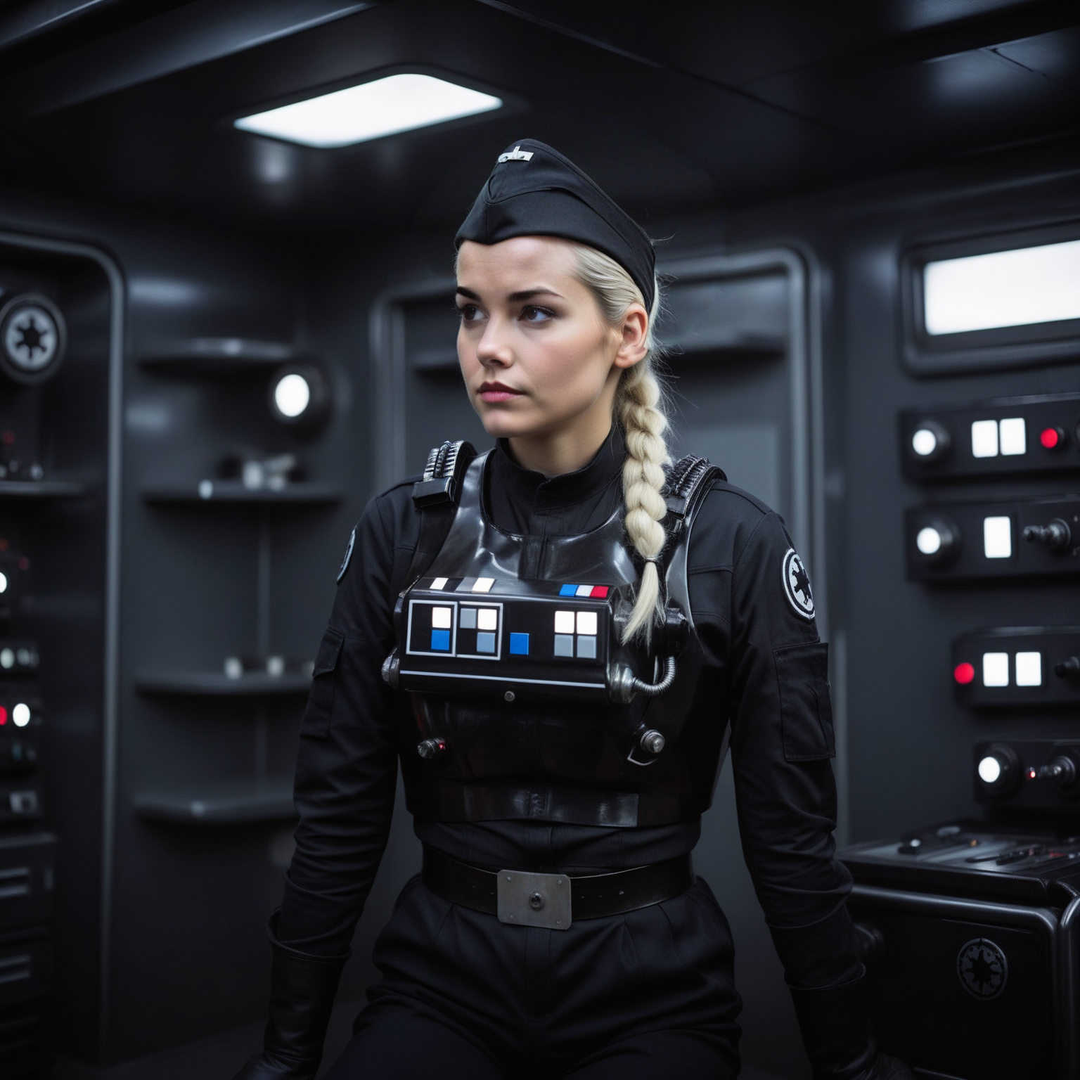 a cinematic film portrait still of a young and attractive female Tie Pilot, with glowing white pupils and white hair in a bun, wearing an officer cap sitting on her sci-fi bunk bed, in a sci-fi ship, full body shot <lora:Imperial_Tie_Pilots:0.6>. shallow depth of field, vignette, highly detailed, high budget Hollywood movie by baz luhrmann, bokeh, cinemascope, moody, epic, gorgeous, film grain, grainy