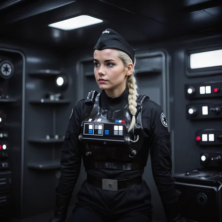 a cinematic film portrait still of a young and attractive female Tie Pilot, with glowing white pupils and white hair in a bun, wearing an officer cap sitting on her sci-fi bunk bed, in a sci-fi ship, full body shot <lora:Imperial_Tie_Pilots:0.6>. shallow depth of field, vignette, highly detailed, high budget Hollywood movie by baz luhrmann, bokeh, cinemascope, moody, epic, gorgeous, film grain, grainy