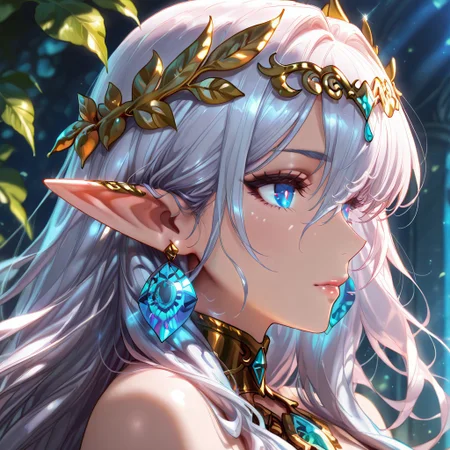 (masterpiece), (best quality), (ultra-detailed) A stunning silver-haired female elf with striking blue eyes, elegantly adorned with a golden laurel headpiece, intricate gemstone jewelry, and a finely crafted choker. She has delicate, ethereal features and a serene expression, embodying grace and mystique. Her long, flowing hair frames her face, Detailed eyes, colourful eyes detailed beautiful eyes, very high resolution eyes, black pupils, detailed beautiful eyes, sharped sightings, Light particle, medium shot, 70mm film, gorgeous lip, soft lips, detailed lips, glossy lips, and her pointed ears are adorned with gold and blue crystal earrings. an elegant face, The background is a soft, pure white with gentle green leaves floating around, adding a sense of natural harmony. Rendered in a high-quality anime art style with fine details, soft shading, and a refined color palette, the portrait captures an enchanting fantasy aesthetic in a close-up, side-profile composition. SmoothNoob_Quality