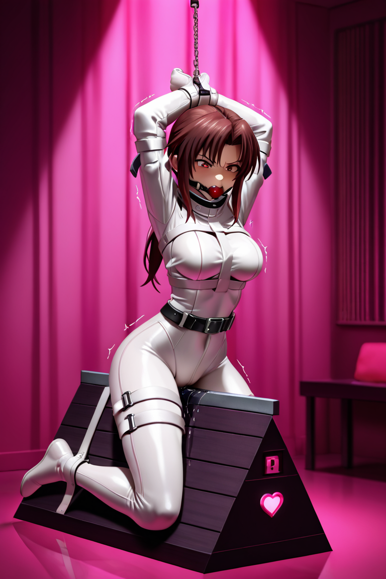 1girl, solo, Revy, straitjacket, bondage, bdsm, restrained, white bodysuit, bound arms, belt, pink room, indoors, pink lighting, red theme, nightclub, love hotel, wooden horse, bound, arms up, straddling, legs folded, pussy juice, crotch rub, gag, ball gag, gagged, trembling, orgasm, night, looking down, angry, frown, raised eyebrow, glaring, shaded face