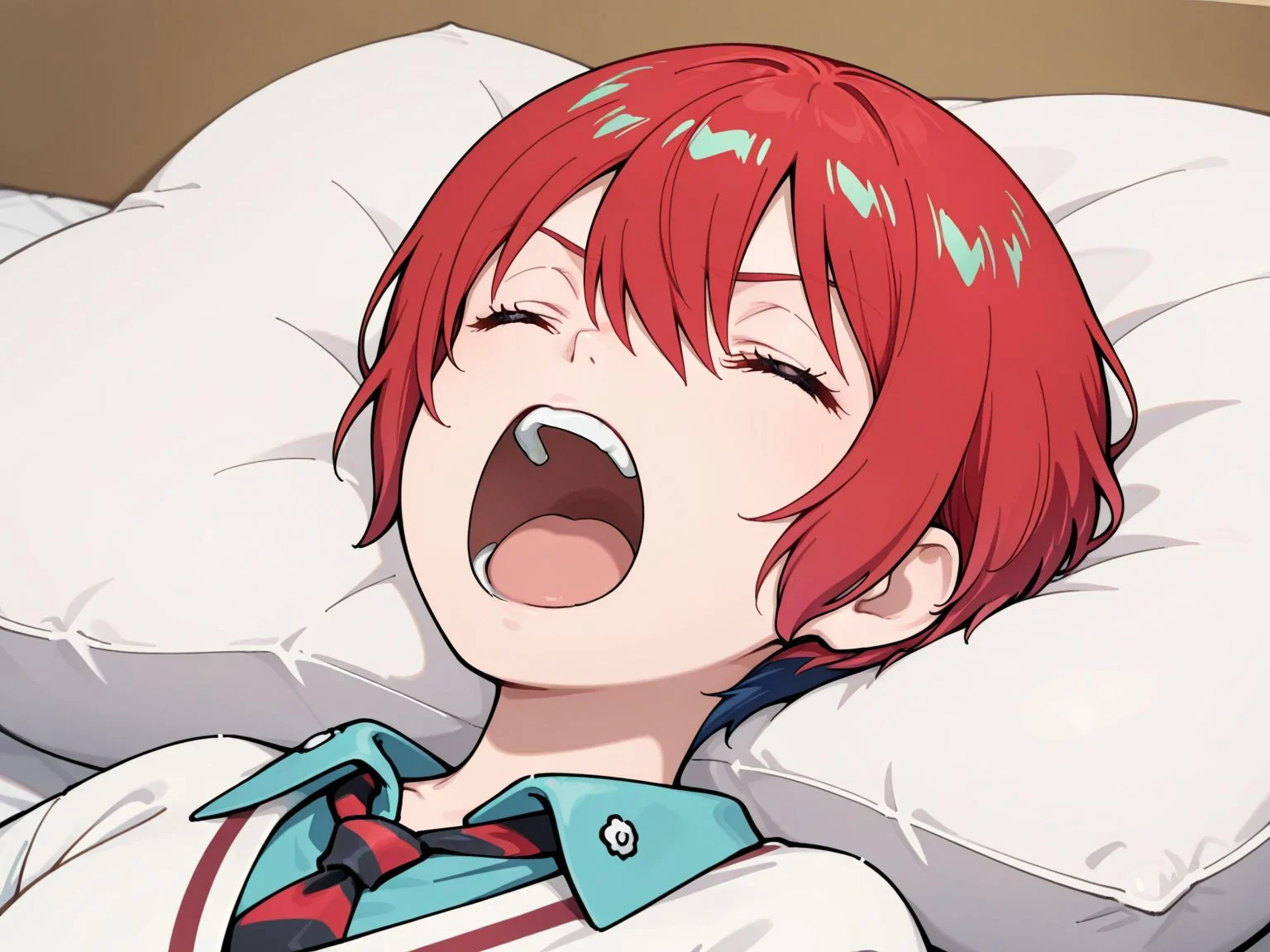 1girl,solo,<lora:Ikisugi_Illustrious_V1.0:1>,ikisugi,open mouth,closed eyes,on back,lying,pillow,teeth,upper teeth only,screaming,<lora:Gundam_Gquuuuuux_Amate_Yuzuriha:0.8>,gundam_gquuuuuux_amate_yuzuriha,red hair,short hair,hair between eyes,school uniform,
