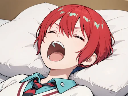 1girl,solo,<lora:Ikisugi_Illustrious_V1.0:1>,ikisugi,open mouth,closed eyes,on back,lying,pillow,teeth,upper teeth only,screaming,<lora:Gundam_Gquuuuuux_Amate_Yuzuriha:0.8>,gundam_gquuuuuux_amate_yuzuriha,red hair,short hair,hair between eyes,school uniform,