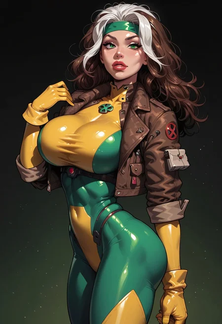 safe_pos, score_9, score_8_up, score_7_up, masterpiece, best quality, Flint_SR_Style
BREAK 
1girl, solo, up, RogueXMXL, green eyes, brown hair, two-tone hair, long hair, headband, large breasts, round breasts, cropped jacket, brown jacket, sfw, yellow gloves, yellow boots, yellow-green bodysuit, perfect anatomy
BREAK 
 side view, textured skin, green background, medium long shot 
BREAK
Posing sexy, hand on hip,