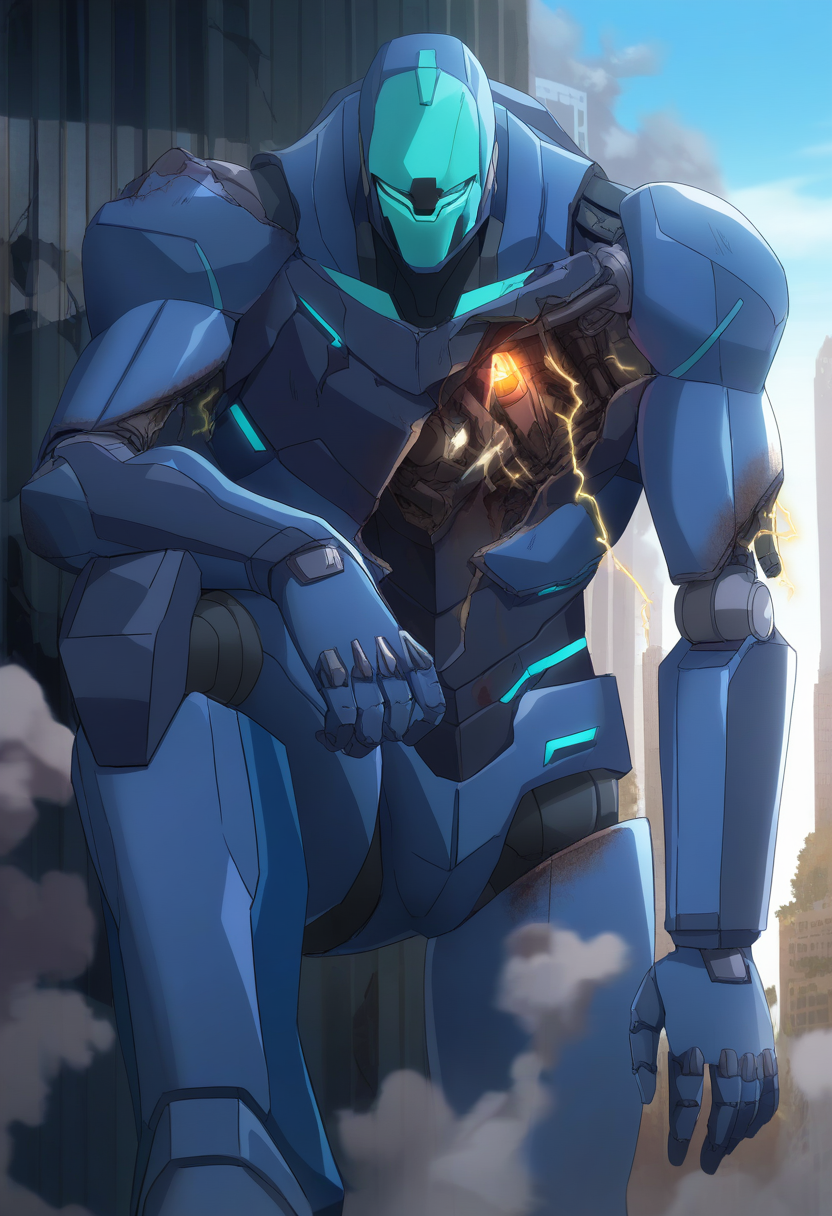 1other, solo, mecha, [robot], (leaning on elbow), standing, (damaged chest, (broken arms, damaged legs, broken legs)), blue body, armor, 5 fingers, feet, mouthless, looking down, city, ruins, smoke, [macro, brown blood, [[electricity]], anime screencap], (masterpiece, best quality), absurdres, highres