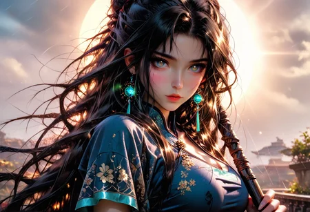 8K, masterpiece, Vibrant colours, light rays, depth of field, long shot beautiful Chinese girl with smooth soft skin, highly detailed face , very very long black straight voluminous hair, loose very long smooth black hair , deep vibrant hazel eyes, big eyes, large breasts, slim body, seductive look, wearing blue chinese dress with floral embroidery, holding a blue chinese umbrella in her hand, a steam engine train is in the background, light rain, with sun rays shining through the clouds