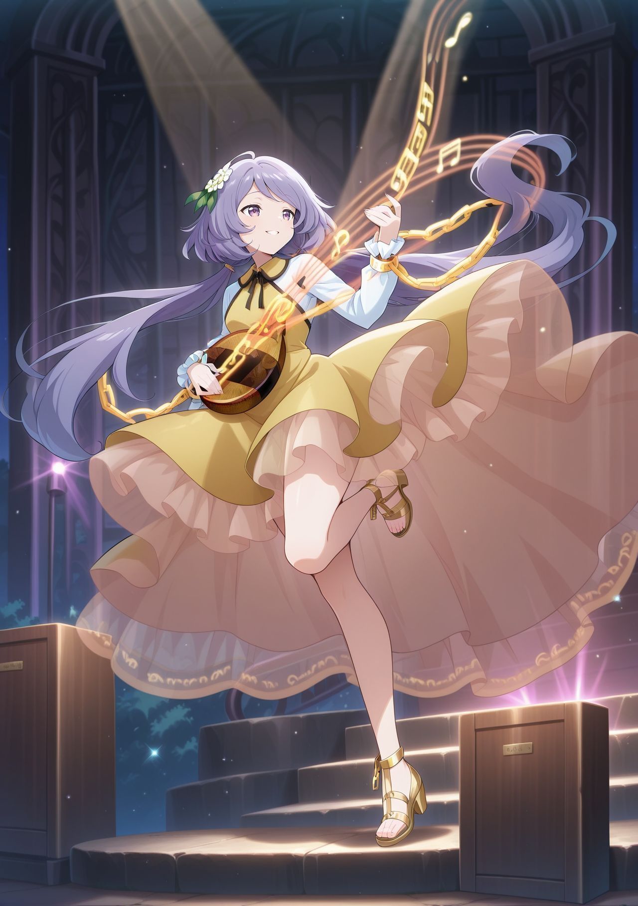 absurdres, highres, masterpiece, best quality, amazing quality, official anime artwork, screencap, anime screencap, night, notes, music, floating hair, parted lips, smile, dynamic pose, 
<lora:Tsukumo-Benben_Illustrious:1> tsukumo benben, 1girl, solo, purple eyes, purple hair, long hair, twintails, ahoge,, hair flower, white flower, yellow dress, frilled dress, long sleeves, biwa lute, playing, music, stage,