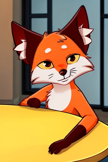 <lora:lisa-10:0.95> 1boy, :3, animal ear fluff, animal nose, blush, fox, fox ears, fox tail, furry, hand up, no humans, orange fur, outline, pappy, sitting, solo, tail, upper body, yellow sclera
sitting on the table, sleeping eyes, tired