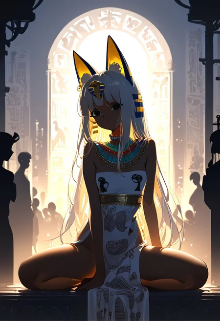 (masterpiece, best quality), (score_9, score_8_up, score_7_up,source_anime), 4K8K, high res image, Uncorrected, white print, lineart print, print, 
from front, body focus, portrait, 
Ankha_(Animal_Crossing), (solo:1.3), 
(animals), silhouette, backlit, backlighting, dark night, Porcelain Mix Gold, pmg style, 
(golden lines, white silhouette skin, Skin like porcelain), 
sitting, bent over, spreading legs, Arms between legs, Porcelain wall, (small stature, petite:1.3), (breasts:1.1), (white hair, verry long hair, cat ears, cat's eyes, Ankha eyes),