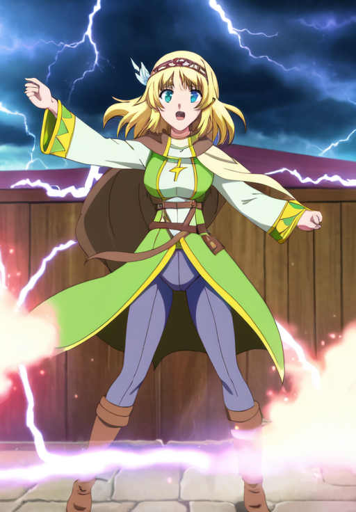 <lora:leadale-Cayna_1:0.8>, leadale-Cayna, tavern, blasting lightning bolt
