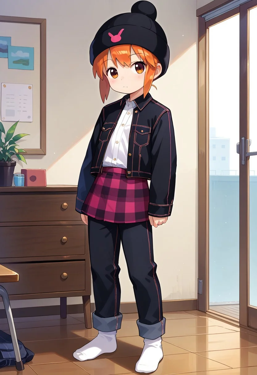 score_8, score_8_up, score_7_up, source_anime, BREAK 1girl, female focus, solo, flat chest, usagi_kurokawa, beanie, black headwear, hat ornament, orange hair, bangs, short hair, sidelocks, denim jacket, black jacket, collared jacket, breast pocket, long sleeves, skirt, plaid skirt, pants under skirt, black pants, jeans, socks, white socks, full body, indoors, (open jacket:1.5), white shirt, standing,