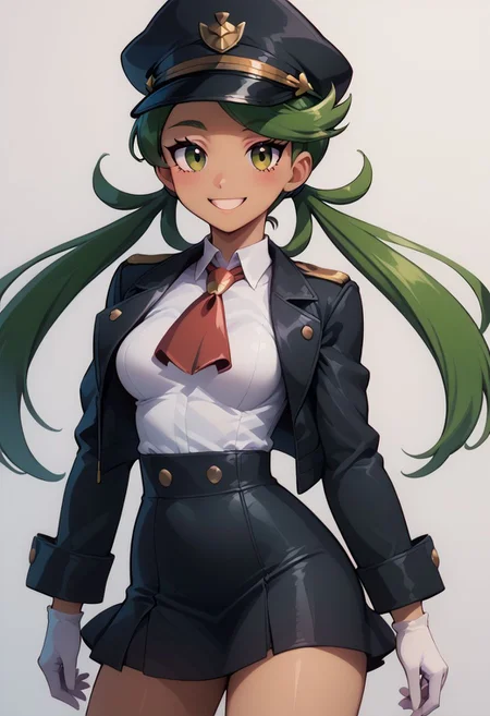 score_9, score_8_up, score_8, medium breasts, (curvy), cute, eyelashes,
BREAK,
zzMallow, green hair, green eyes, white gloves, long sleeves, black jacket, black headwear, white shirt, looking at viewer, black skirt, blonde hair, blush, smile, peaked cap, open jacket, collared shirt, military hat, red ascot ,solo, looking at viewer, smile,
zPDXL,