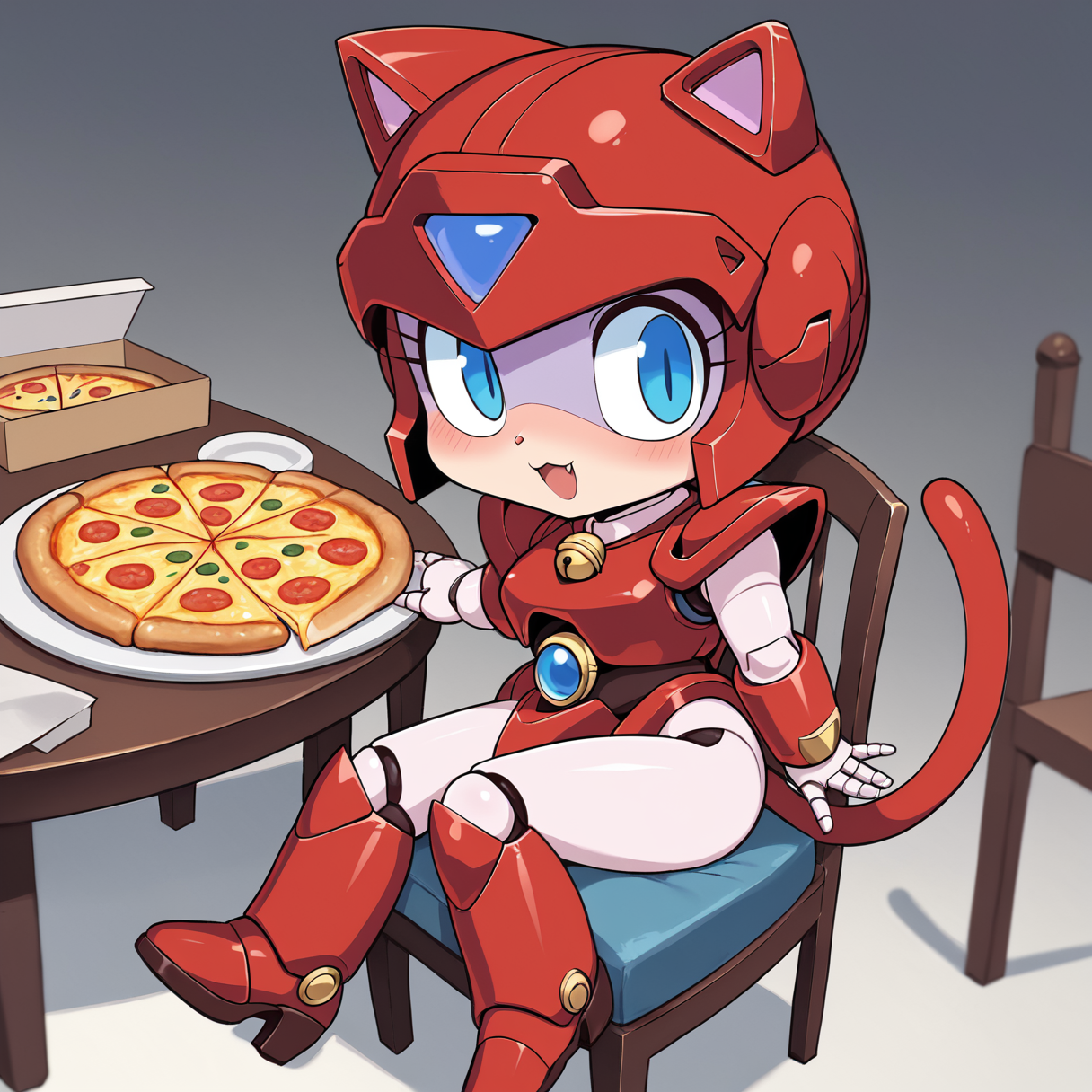 score_9, score_8_up, score_7_up, BREAK source_anime, rating_explicit, best quality, masterpiece, uncensored,  <lora:pururun_pony:1> pururun, 1girl,red helmet, cat tail, blue eyes, cat ears, robot, android,red armor, bell, chibi,table,pizza on dish,sitting on chair,red legs