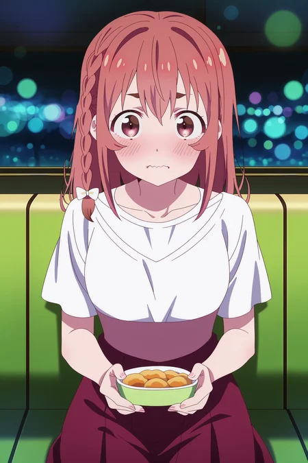 anime screencap, anime coloring, detailed face, masterpiece, best quality, very aesthetic, absurdres, bokeh, volumetric lighting, official style, amazing quality, ultra detailed, highres, amazing quality, scenery, beautiful detailed hair, beautiful detailed eyes, defined fingers, five fingers,
<lora:Sumi_Sakurasawa_Rent-A-GirlfriendKanojo_Okarishimasu:1>
inside, in a restaurant,
Sumi Sakurasawa (character), 1girl, food, blush, wavy mouth, braid, looking at viewer, solo, red hair, shirt, holding, white shirt, closed mouth, red eyes, holding food, sitting, cowboy shot, POV