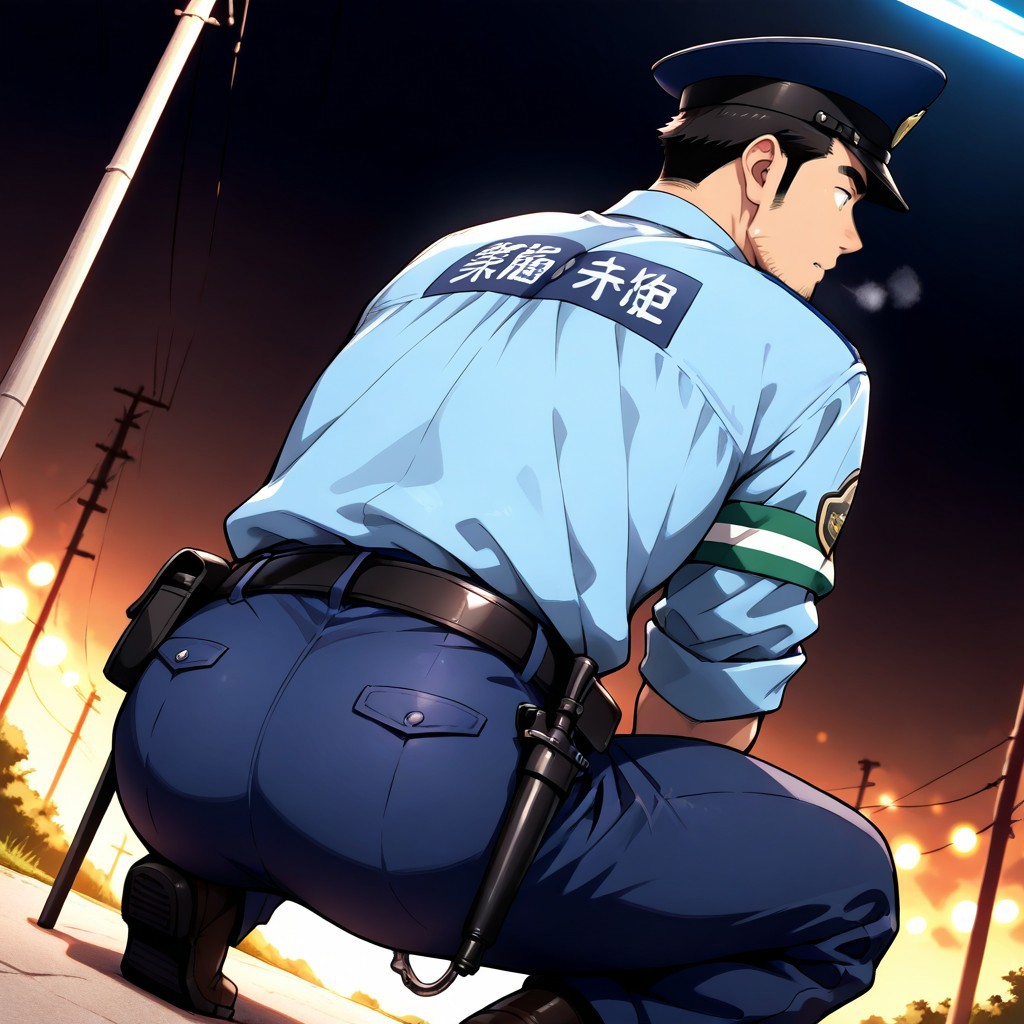 score_9, score_8_up, score_7_up, score_6_up, perfect anatomy, perfect proportions, best quality, masterpiece, high_resolution, high quality, aesthetic, absurdres, (male focus, adult, mature, masculine, manly, virile, hunky, macho, beefy, gay, homo, bara), handsome, charming, alluring, heroic, triumphant, grim, stern, BREAK (asian male, japanese male, dark hair, short hair, sideburns, facial hair, stubble), fit, BREAK Japanese Summer Police Uniform, HannekenJpPcSm01, light-blue collared shirt, tucked shirt, complete light-blue shirt back, rank slides, rank insignia, sleeves rolled up, dark peaked cap, dark blue pants, walkie-talkie on hip, hip holster, utility belt, belt pouch, handcuff pouch on hip, police baton on hip, black gloves, BREAK outdoor, back view, view from behind, view from back, squatting, crouching down, both legs bent, lean slightly forward, arms positioned near sides, looking away, japanese modern park, lights off, dark, night, blurred background, upperbody, dutch angle, cowboy shot, movie still, perfect face, vibrant, vivid, stardom, glamorous, extraordinary achievement, award-winning, expressionist, cinematic, cinematic still, emotional, harmonious, vignette, bokeh, cinemascope, moody, epic, gorgeous, depth of field