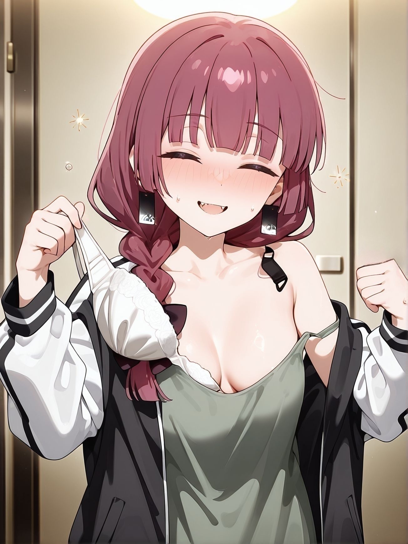 masterpiece, best quality, newest, absurdres, highres, detailed eyes, beautiful, detailed background, perfect eyes, anime coloring, anime screencap,
<lora:removing_bra_under_shirt:1>Taking_off_brav1,
1girl,breasts,
underwear,bra,solo,
taking off bra,
removing bra,
pulling off bra,
standing, 
BREAK
sweatdrop, 
Hiroi Kikuri,  
drunk,  closed eyes, seductive smile,    jacket,  sexy bra,
cleavage, 
bocchi the rock!, official art,