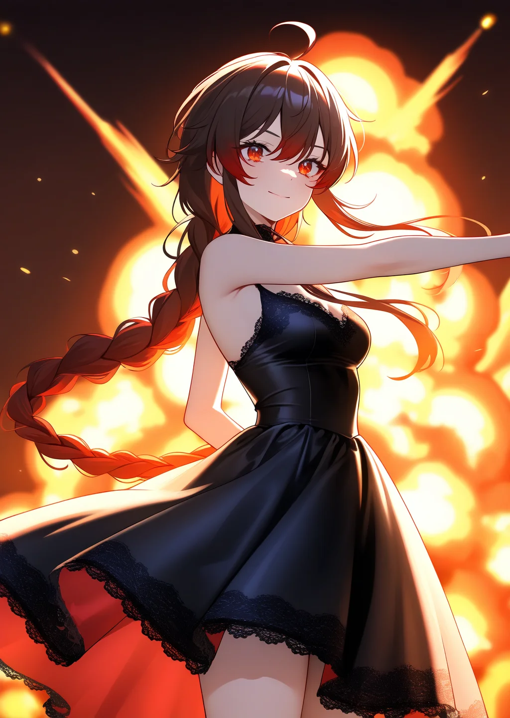 yuezheng ling,1girl,masterpiece,high quality,best quality,beautiful,beautiful detailed glow,((flames of war)),(((nuclear explosion behide))),lace-trimmed_dress,cowboy_shot,