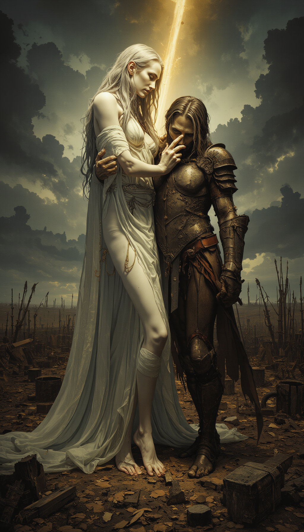 A poignant and ethereal scene of a tall, slender, and pale goddess-like figure placing her delicate hands on the shoulders of a battle-weary warrior. Her height is otherworldly, towering over the mortal man, and her skin is almost translucent, glowing faintly in the dim light. Her long, flowing hair cascades down her back like a silvery waterfall, and her eyes are filled with a mix of compassion and ancient wisdom.

The warrior is clad in old, battered armor, his face etched with exhaustion and the scars of countless battles. His head is bowed, his body slumped as if the weight of his struggles is almost too much to bear. Yet, as the goddess touches him, a faint, golden light begins to emanate from her hands, spreading warmth and strength through his weary frame.

The background is a desolate battlefield, littered with broken weapons and the remnants of a fierce conflict. The sky is overcast, with dark clouds swirling ominously, but a single beam of light breaks through, illuminating the goddess and the warrior. The atmosphere is one of hope and renewal, with the goddess as a beacon of protection and guidance.

The art style is highly detailed, capturing the textures of the warrior’s armor, the ethereal glow of the goddess, and the rugged beauty of the battlefield. The lighting is soft and dramatic, with the beam of light casting long shadows and highlighting the contrast between the goddess’s purity and the warrior’s weariness.

This artwork tells a story of divine intervention, resilience, and the unyielding spirit of those who fight for a greater cause, with the goddess as the embodiment of hope and protection in the face of despair.
