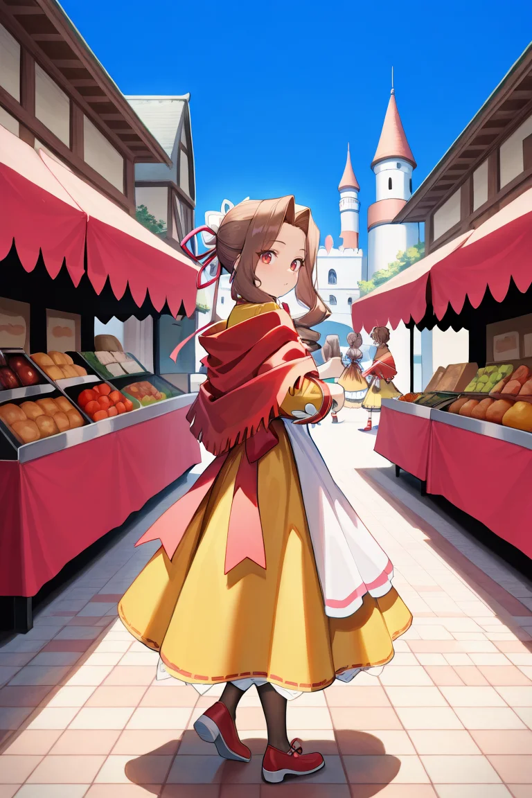 masterpiece, very aesthetic, absurdres, best quality, amazing quality, high resolution, <lora:illustrious_quality_modifiers_masterpieces_v1:0.8> , <lora:ChamIllustriousBackgroundEnhancer:0.5>, <lora:MistelIL:0.8> , misdef, 1girl, long hair, long sidelocks, drill sidelocks, brown hair, red eyes, bun cover, hair ornament, single hair bun, hair ribbon, ribbon, dress, yellow shirt, sleeves past elbows, frilled sleeves, yellow skirt, red shawl, back bow, white apron, apron, apron over yellow shirt, pantyhose, red shoes, full body, market, marketplace, walking, from side, exterior, beautiful day, blue sky, castle, looking at viewer,