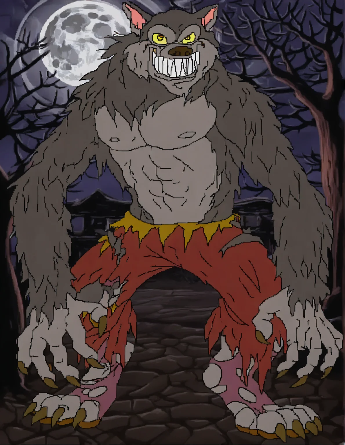 <lora:cdi-style_vpred-noobaiv10_:1>, cdi style, jaggy lines, flat colors, 1boy, outdoors, night, moonlight, full moon, werewolf, anthro, canid, torn clothes, torn legwear, shirtless, fur, furry, sharp teeth, looking at viewer, yellow eyesâââ